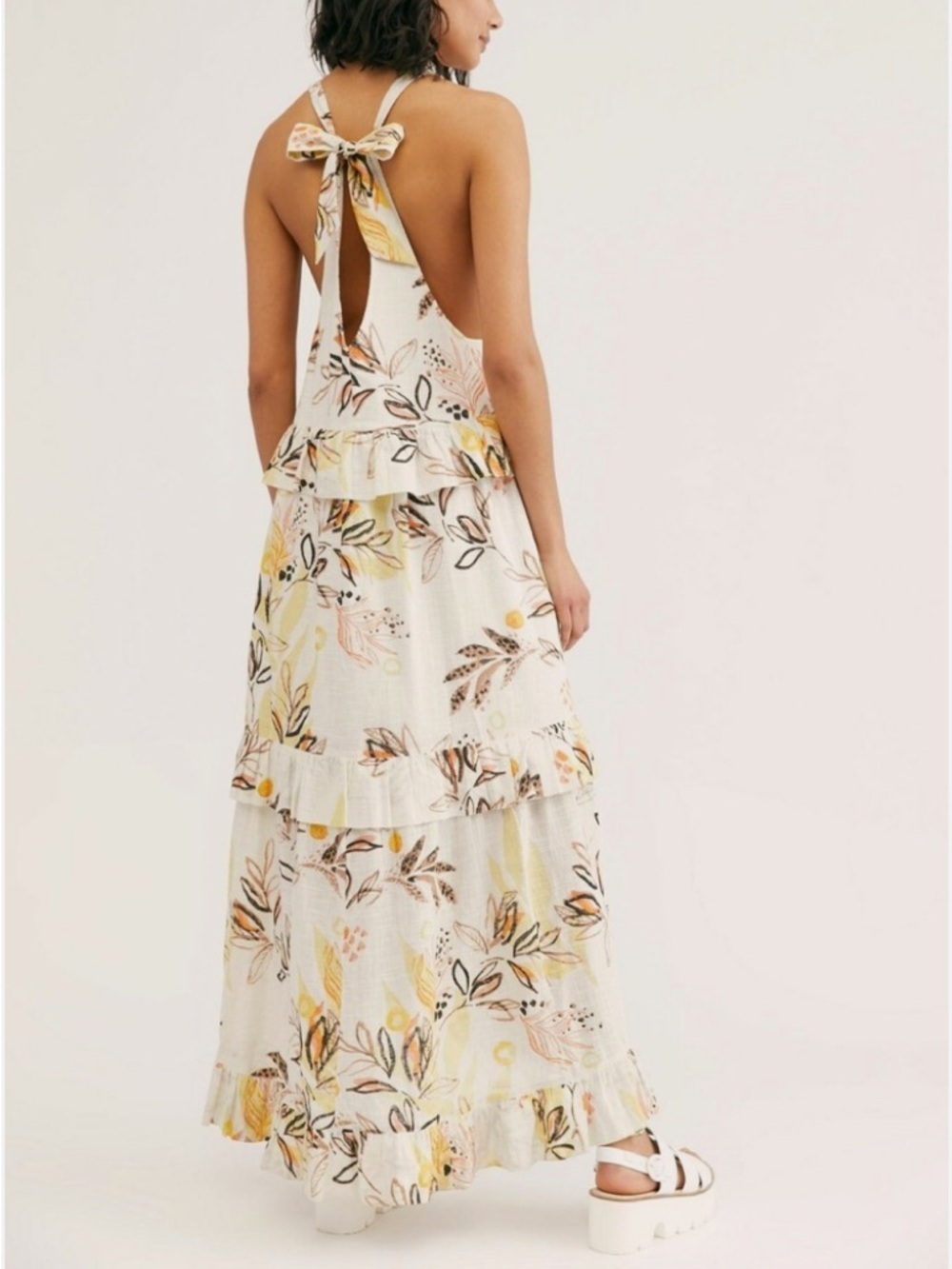 Free People Cream Floral Tiered Maxi Dress with Yellow & Tan Accents - Picture 3 of 8